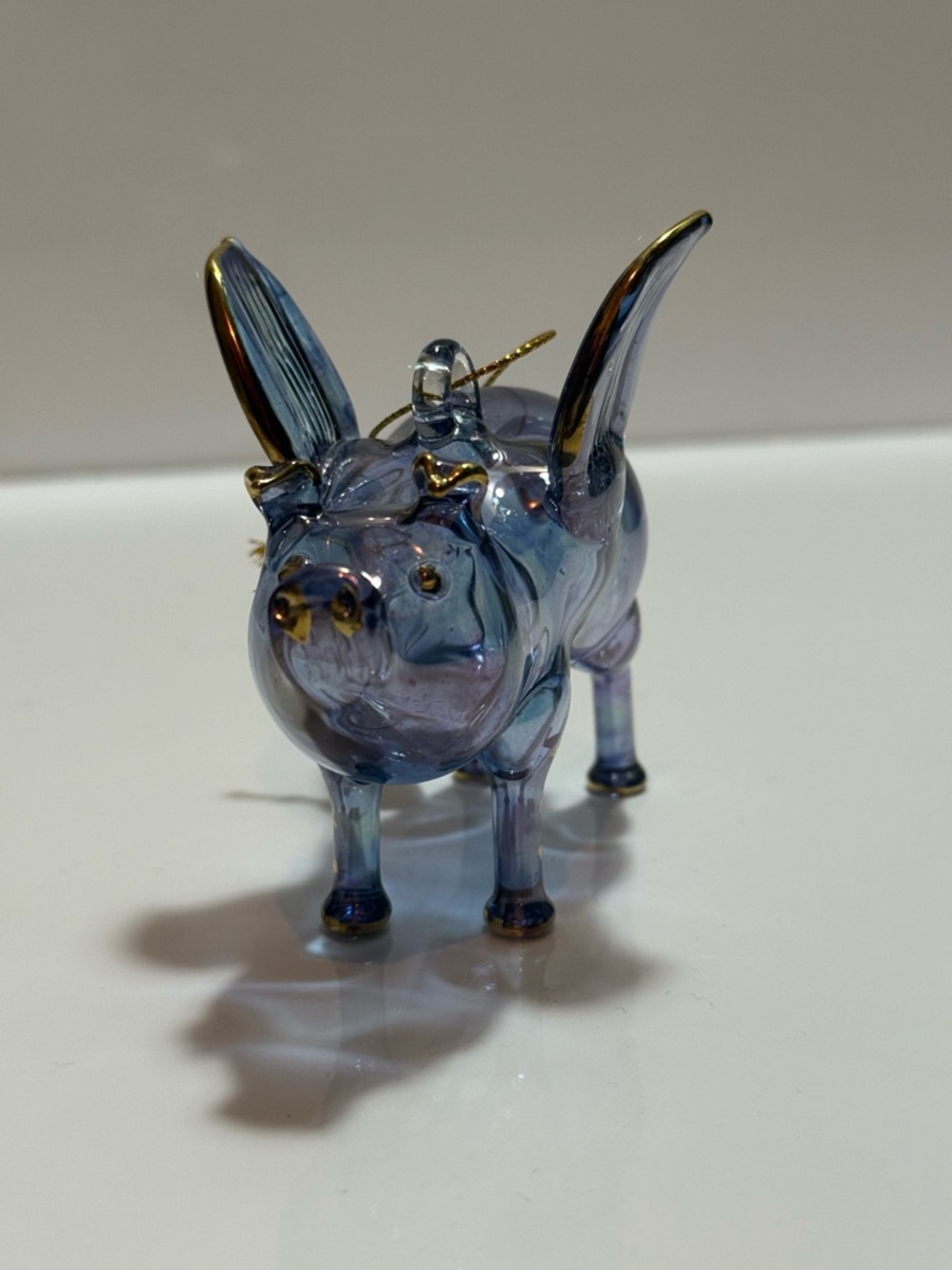 Purple Glass Hand Blown Flying Pig With Wings Ornament 10k Gold Accents Egypt - Picture 2 of 4